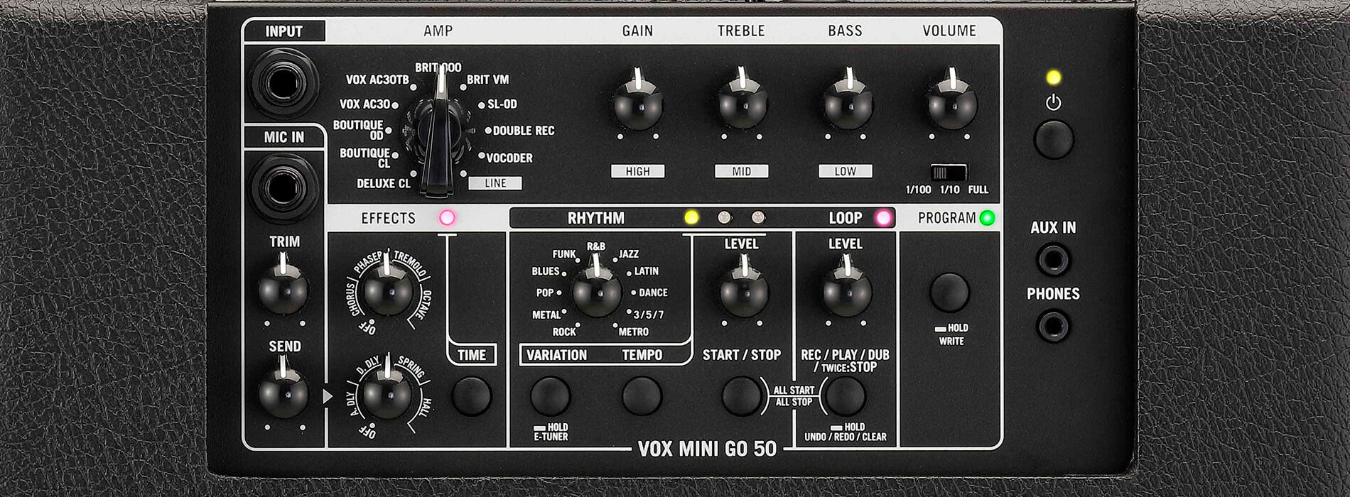 top control panel of Vox Mini Go50 guitar amp